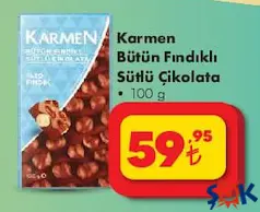 KARMEN BÜTÜN FINDIKLI SÜTLÜ ÇİKOLATA 100 G fiyat ve kampanya bilgisi